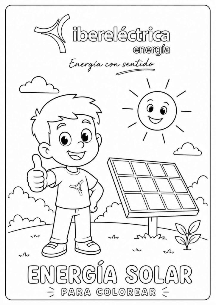 Niño sonriente junto a un panel solar y un sol iluminando el paisaje en un dibujo para colorear de energía solar de Ibereléctrica Energía.