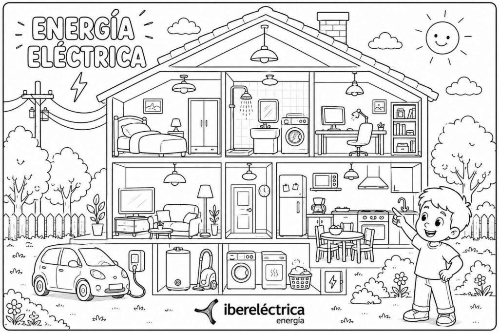 Dibujo de energía eléctrica para colorear con una casa seccionada mostrando electrodomésticos, iluminación, ordenador, cocina, cargador de vehículo eléctrico y otros elementos que consumen electricidad.