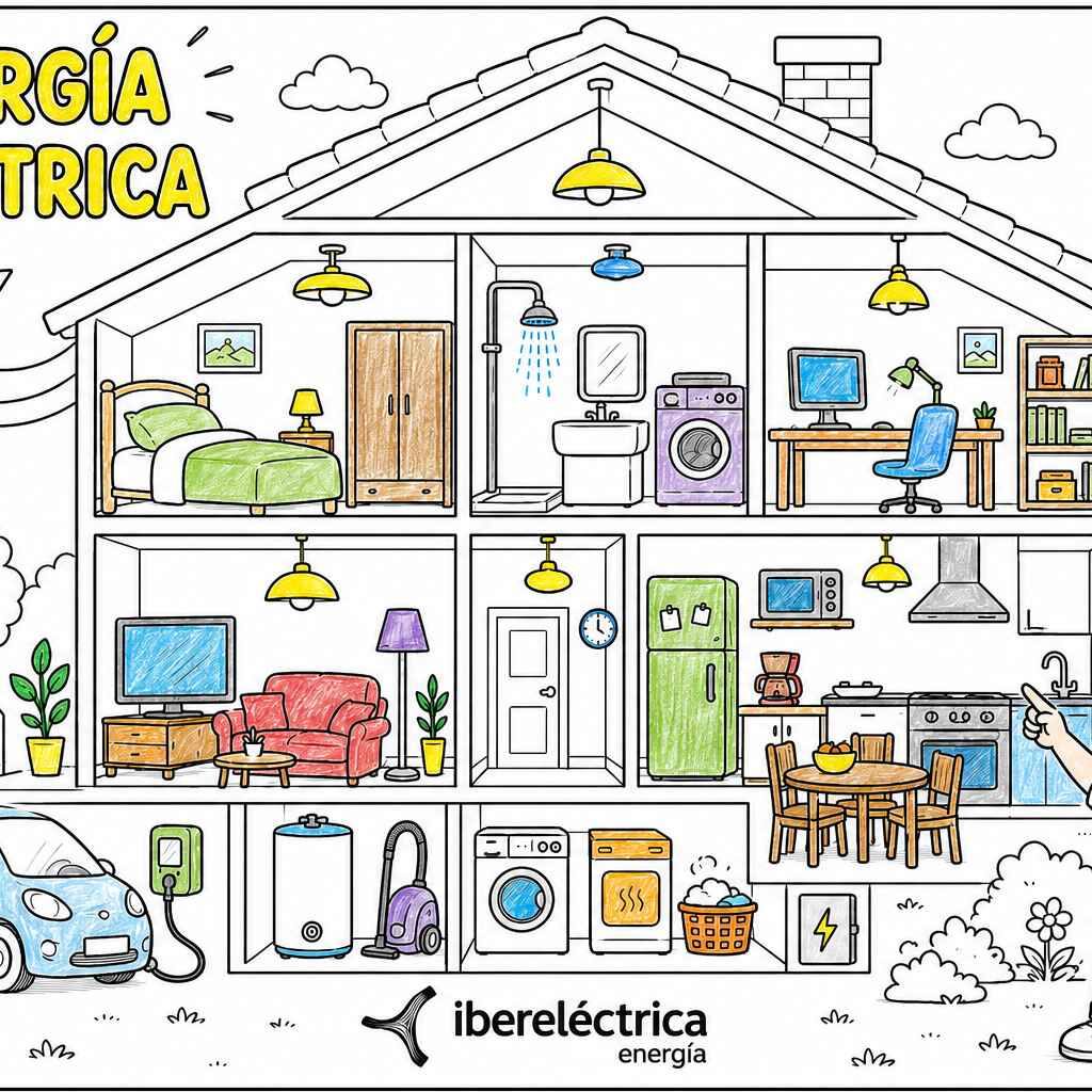 Portada de dibujos para colorear de energía con una casa llena de elementos eléctricos parcialmente coloreados por un niño para aprender dónde se consume electricidad.