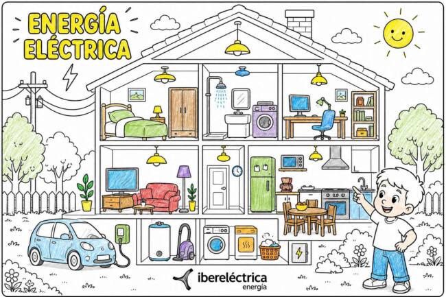 Portada de dibujos para colorear de energía con una casa llena de elementos eléctricos parcialmente coloreados por un niño para aprender dónde se consume electricidad.