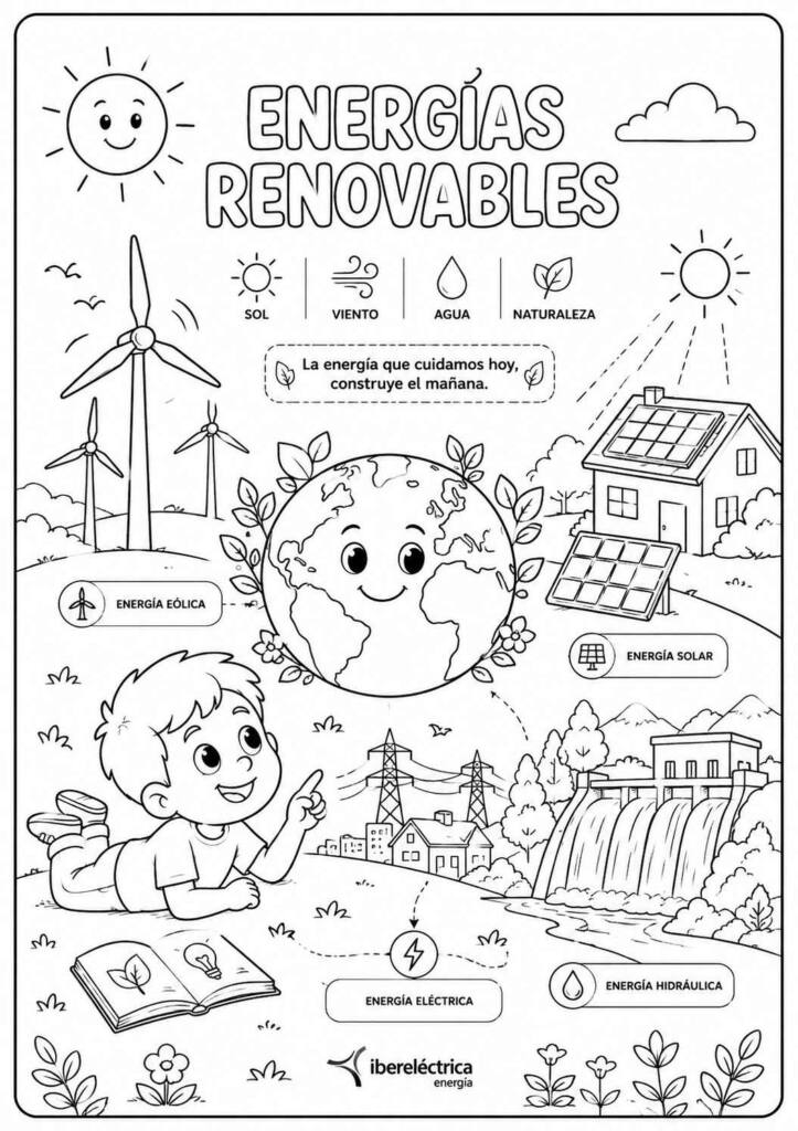 Dibujo educativo de energías renovables para colorear con energía solar, energía eólica, energía hidráulica, electricidad, planeta Tierra y niño aprendiendo sobre sostenibilidad.