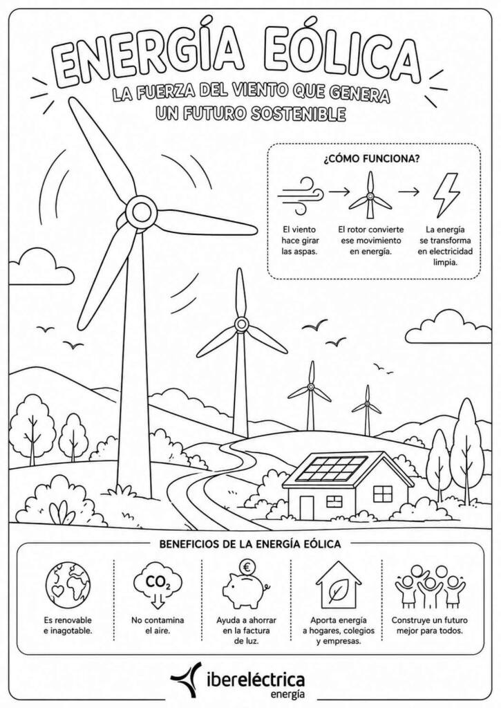 Dibujo de energía eólica para colorear con aerogeneradores y explicación de cómo el viento genera electricidad
